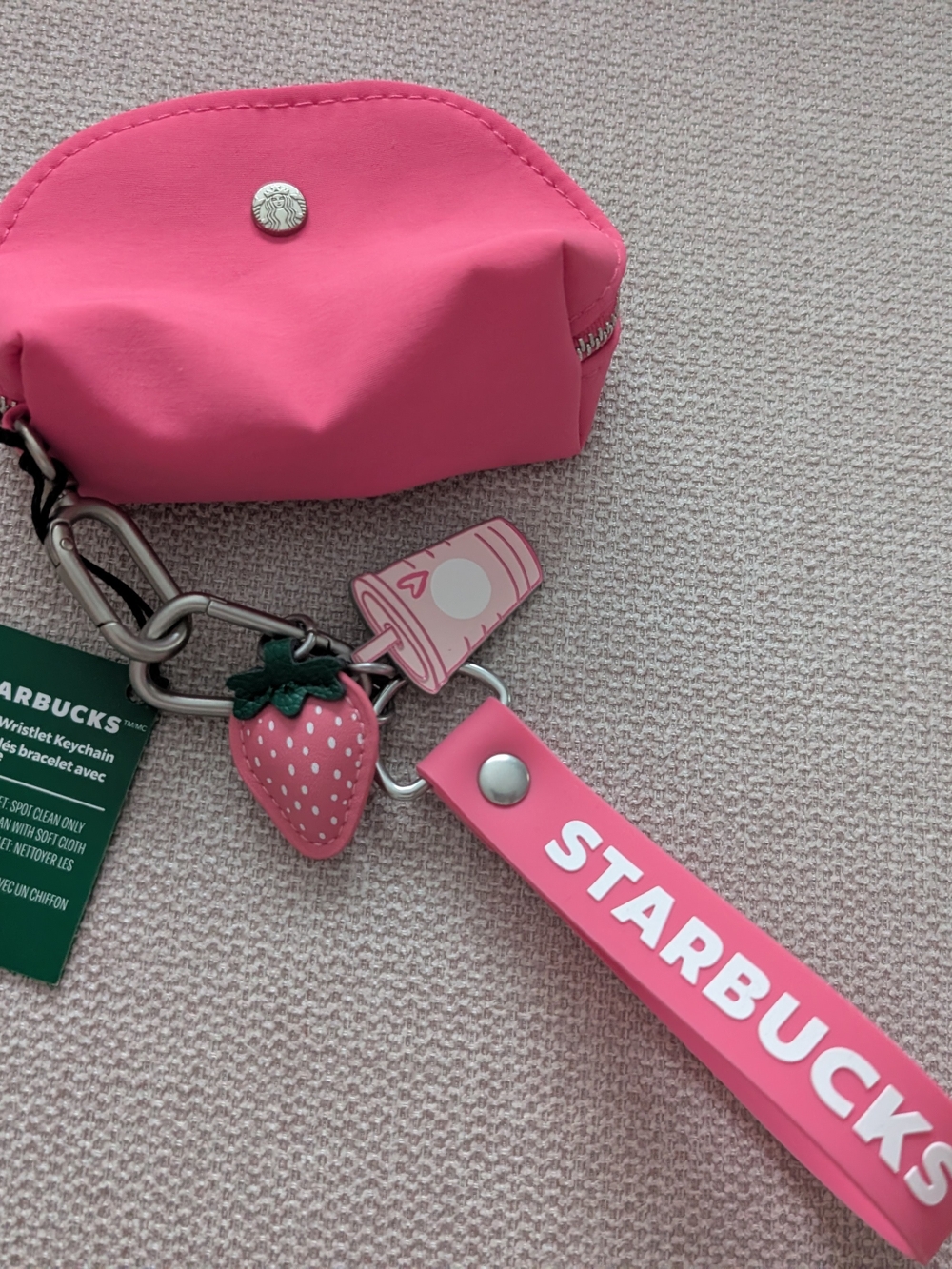 Starbucks Pink Kids Wristlet Keychain with Strawberry & Cup Charms